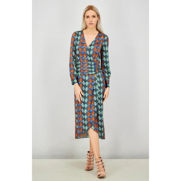 Uterqüe Midi Dress Multicolor Snake Print Long Sleeve Ruched Waist Large - Picture 8 of 8